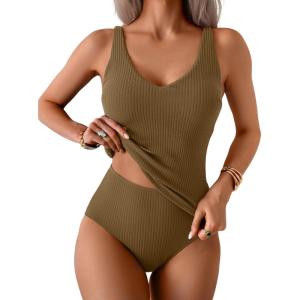 imageEomenie Womens Tankini Swimsuits Ribbed Tummy Control Two Piece Bathing Suits Tie Back High Waisted SwimwearArmy Green