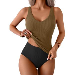 imageEomenie Womens Tankini Swimsuits Ribbed Tummy Control Two Piece Bathing Suits Tie Back High Waisted SwimwearArmy Green Black