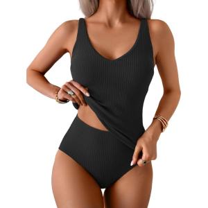 imageEomenie Womens Tankini Swimsuits Ribbed Tummy Control Two Piece Bathing Suits Tie Back High Waisted SwimwearBlack