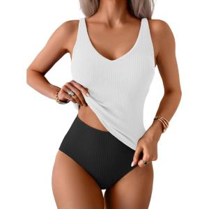 imageEomenie Womens Tankini Swimsuits Ribbed Tummy Control Two Piece Bathing Suits Tie Back High Waisted SwimwearBlack White
