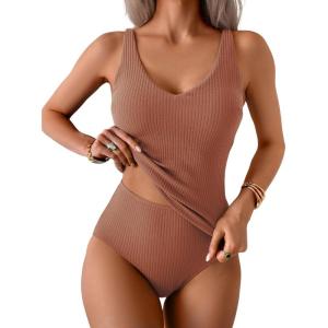imageEomenie Womens Tankini Swimsuits Ribbed Tummy Control Two Piece Bathing Suits Tie Back High Waisted SwimwearBrown
