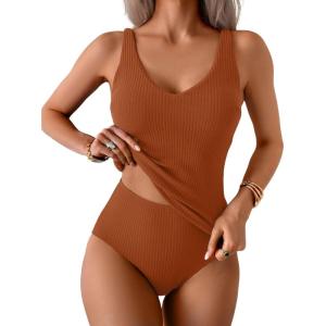 imageEomenie Womens Tankini Swimsuits Ribbed Tummy Control Two Piece Bathing Suits Tie Back High Waisted SwimwearCaramel