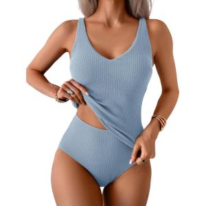 imageEomenie Womens Tankini Swimsuits Ribbed Tummy Control Two Piece Bathing Suits Tie Back High Waisted SwimwearLight Blue
