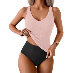 imageEomenie Womens Tankini Swimsuits Ribbed Tummy Control Two Piece Bathing Suits Tie Back High Waisted SwimwearLight Pink Black
