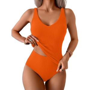 imageEomenie Womens Tankini Swimsuits Ribbed Tummy Control Two Piece Bathing Suits Tie Back High Waisted SwimwearOrange