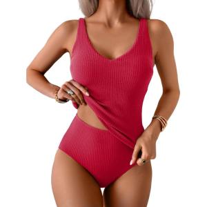 imageEomenie Womens Tankini Swimsuits Ribbed Tummy Control Two Piece Bathing Suits Tie Back High Waisted SwimwearRed