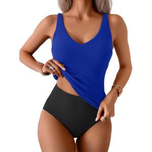 imageEomenie Womens Tankini Swimsuits Ribbed Tummy Control Two Piece Bathing Suits Tie Back High Waisted SwimwearRoyal Blue Black