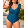 imageEomenie Plus Size Swimsuit for Women Tummy Control Ruched One Piece Bathing Suit Slimming V Neck Ruffle SwimwearPeacock Blue