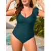 imageEomenie Plus Size Swimsuit for Women Tummy Control Ruched One Piece Bathing Suit Slimming V Neck Ruffle SwimwearPeacock Green