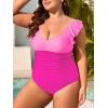 imageEomenie Plus Size Swimsuit for Women Tummy Control Ruched One Piece Bathing Suit Slimming V Neck Ruffle SwimwearPink Color Block