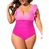 imageEomenie Plus Size Swimsuit for Women Tummy Control Ruched One Piece Bathing Suit Slimming V Neck Ruffle SwimwearPink Color Block