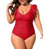 imageEomenie Plus Size Swimsuit for Women Tummy Control Ruched One Piece Bathing Suit Slimming V Neck Ruffle SwimwearRed