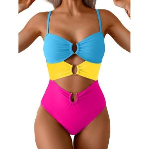 imageEomenie One Piece Swimsuit for Women Ring Linked Monokini Sexy Bathing Suit Cutout Swim SuitBlue Yellow Hot Pink