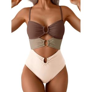 imageEomenie One Piece Swimsuit for Women Ring Linked Monokini Sexy Bathing Suit Cutout Swim SuitBrown Color Block