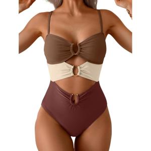 imageEomenie One Piece Swimsuit for Women Ring Linked Monokini Sexy Bathing Suit Cutout Swim SuitDark Brown Color Block
