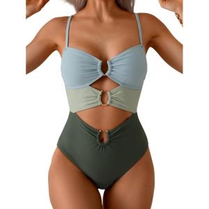 imageEomenie One Piece Swimsuit for Women Ring Linked Monokini Sexy Bathing Suit Cutout Swim SuitGreen Color Block