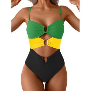 imageEomenie One Piece Swimsuit for Women Ring Linked Monokini Sexy Bathing Suit Cutout Swim SuitGreen Yellow Black