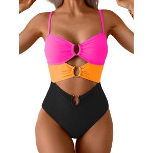 imageEomenie One Piece Swimsuit for Women Ring Linked Monokini Sexy Bathing Suit Cutout Swim SuitHot Pink Orange Black