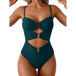 imageEomenie One Piece Swimsuit for Women Ring Linked Monokini Sexy Bathing Suit Cutout Swim SuitPeacock Green