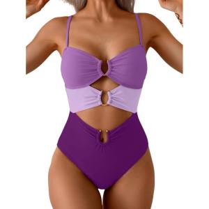 imageEomenie One Piece Swimsuit for Women Ring Linked Monokini Sexy Bathing Suit Cutout Swim SuitPurple Color Block