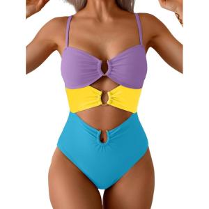 imageEomenie One Piece Swimsuit for Women Ring Linked Monokini Sexy Bathing Suit Cutout Swim SuitPurple Yellow Blue