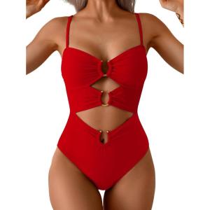 imageEomenie One Piece Swimsuit for Women Ring Linked Monokini Sexy Bathing Suit Cutout Swim SuitRed