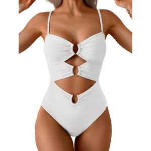 imageEomenie One Piece Swimsuit for Women Ring Linked Monokini Sexy Bathing Suit Cutout Swim SuitWhite