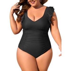 imageEomenie Plus Size Swimsuit for Women Tummy Control Ruched One Piece Bathing Suit Slimming V Neck Ruffle SwimwearBlack