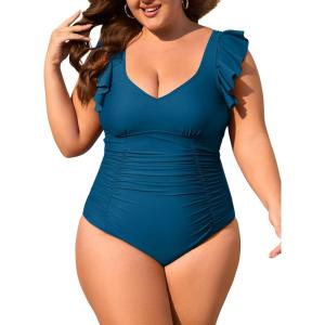 imageEomenie Plus Size Swimsuit for Women Tummy Control Ruched One Piece Bathing Suit Slimming V Neck Ruffle SwimwearPeacock Blue