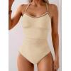 imageEomenie Womens One Piece Swimsuit Tummy Control Slimming Bathing Suit Ruched Swimwear Tie Back Shell Stitch Swim SuitBeige