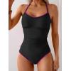 imageEomenie Womens One Piece Swimsuit Tummy Control Slimming Bathing Suit Ruched Swimwear Tie Back Shell Stitch Swim SuitBlack Pink