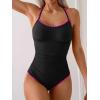 imageEomenie Womens One Piece Swimsuit Tummy Control Slimming Bathing Suit Ruched Swimwear Tie Back Shell Stitch Swim SuitBlack Pink