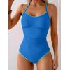 imageEomenie Womens One Piece Swimsuit Tummy Control Slimming Bathing Suit Ruched Swimwear Tie Back Shell Stitch Swim SuitBlue