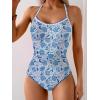 imageEomenie Womens One Piece Swimsuit Tummy Control Slimming Bathing Suit Ruched Swimwear Tie Back Shell Stitch Swim SuitBlue Floral