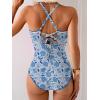 imageEomenie Womens One Piece Swimsuit Tummy Control Slimming Bathing Suit Ruched Swimwear Tie Back Shell Stitch Swim SuitBlue Floral