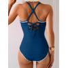imageEomenie Womens One Piece Swimsuit Tummy Control Slimming Bathing Suit Ruched Swimwear Tie Back Shell Stitch Swim SuitDark Blue