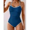 imageEomenie Womens One Piece Swimsuit Tummy Control Slimming Bathing Suit Ruched Swimwear Tie Back Shell Stitch Swim SuitDark Blue