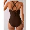 imageEomenie Womens One Piece Swimsuit Tummy Control Slimming Bathing Suit Ruched Swimwear Tie Back Shell Stitch Swim SuitDark Brown
