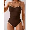 imageEomenie Womens One Piece Swimsuit Tummy Control Slimming Bathing Suit Ruched Swimwear Tie Back Shell Stitch Swim SuitDark Brown