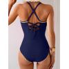 imageEomenie Womens One Piece Swimsuit Tummy Control Slimming Bathing Suit Ruched Swimwear Tie Back Shell Stitch Swim SuitNavy Blue