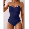 imageEomenie Womens One Piece Swimsuit Tummy Control Slimming Bathing Suit Ruched Swimwear Tie Back Shell Stitch Swim SuitNavy Blue