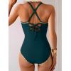 imageEomenie Womens One Piece Swimsuit Tummy Control Slimming Bathing Suit Ruched Swimwear Tie Back Shell Stitch Swim SuitPeacock Green
