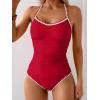imageEomenie Womens One Piece Swimsuit Tummy Control Slimming Bathing Suit Ruched Swimwear Tie Back Shell Stitch Swim SuitRed