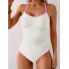 imageEomenie Womens One Piece Swimsuit Tummy Control Slimming Bathing Suit Ruched Swimwear Tie Back Shell Stitch Swim SuitWhite Pink