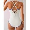 imageEomenie Womens One Piece Swimsuit Tummy Control Slimming Bathing Suit Ruched Swimwear Tie Back Shell Stitch Swim SuitWhite Royal Blue
