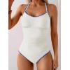 imageEomenie Womens One Piece Swimsuit Tummy Control Slimming Bathing Suit Ruched Swimwear Tie Back Shell Stitch Swim SuitWhite Royal Blue