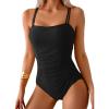 imageEomenie One Piece Swimsuit for Women Tummy Control Ruched Bathing Suit Lace Up SwimwearBlack