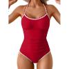 imageEomenie Womens One Piece Swimsuit Tummy Control Slimming Bathing Suit Ruched Swimwear Tie Back Shell Stitch Swim SuitRed