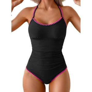 imageEomenie Womens One Piece Swimsuit Tummy Control Slimming Bathing Suit Ruched Swimwear Tie Back Shell Stitch Swim SuitBlack Pink