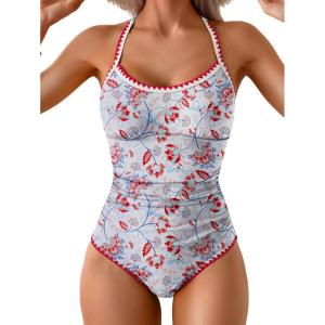 imageEomenie Womens One Piece Swimsuit Tummy Control Slimming Bathing Suit Ruched Swimwear Tie Back Shell Stitch Swim SuitRed Floral